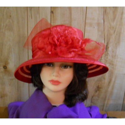  Ladies Red Satin Covered Straw Hat w/Horsehair Bow &amp; Large Flower (One Size) eb-12417638